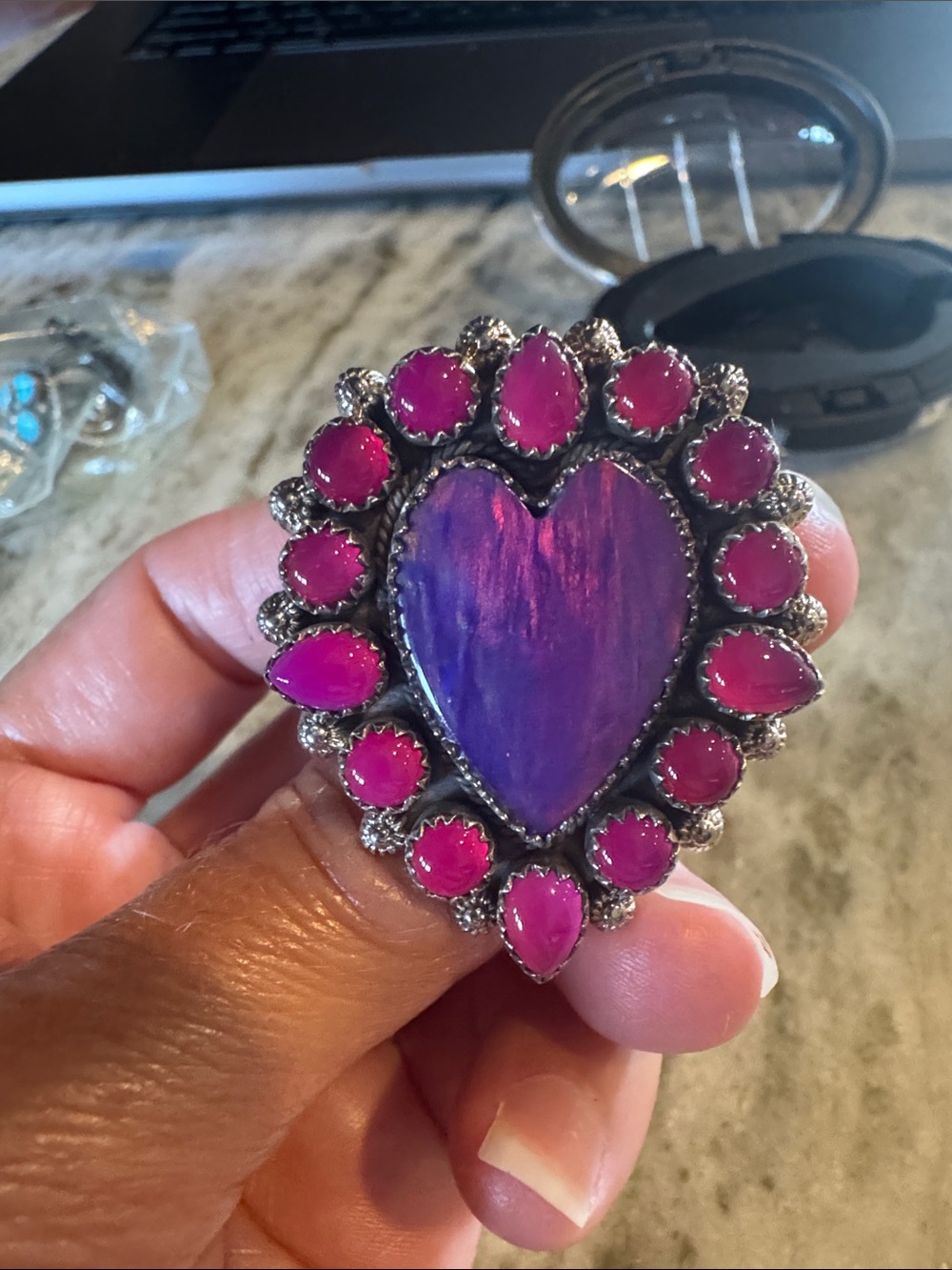 Bright Purple Heart & Fuchsia Teardrop Statement Ring